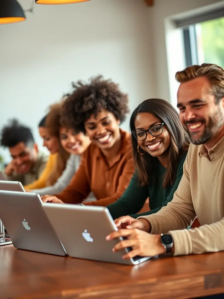 An image of a diverse group of people happily using laptops and phones to book travel tickets, showcasing the accessibility of the service.