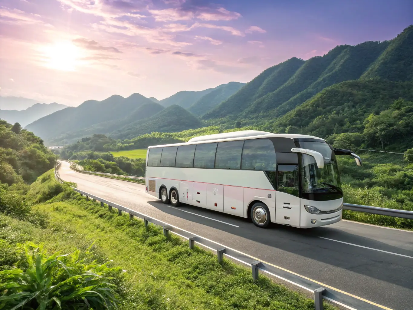 A comfortable and modern bus traveling on a scenic highway, representing the affordability and accessibility of bus travel through Train Booking Online.