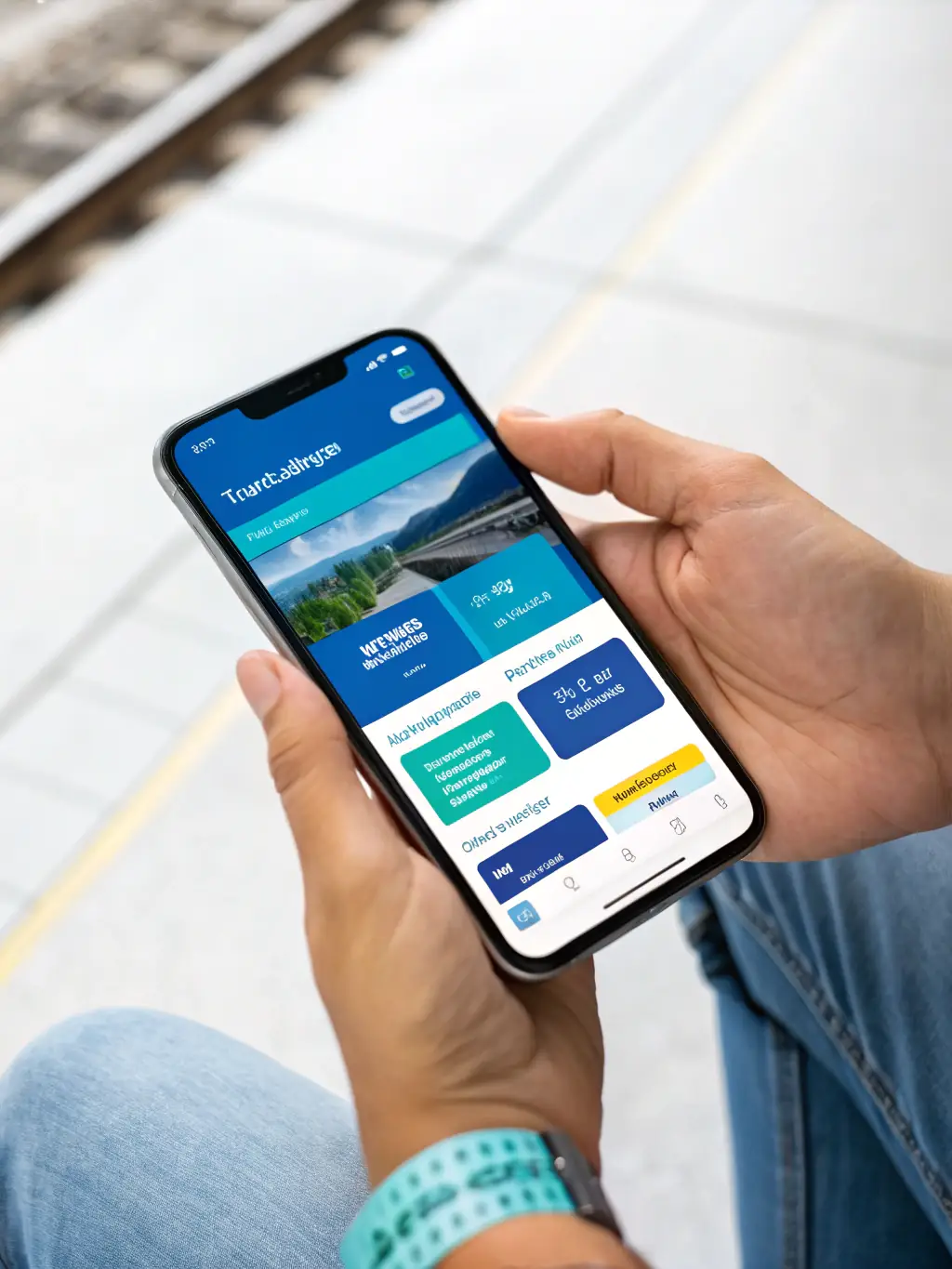 A close-up shot of a smartphone displaying a train ticket booking app with a user-friendly interface, emphasizing the ease of booking.
