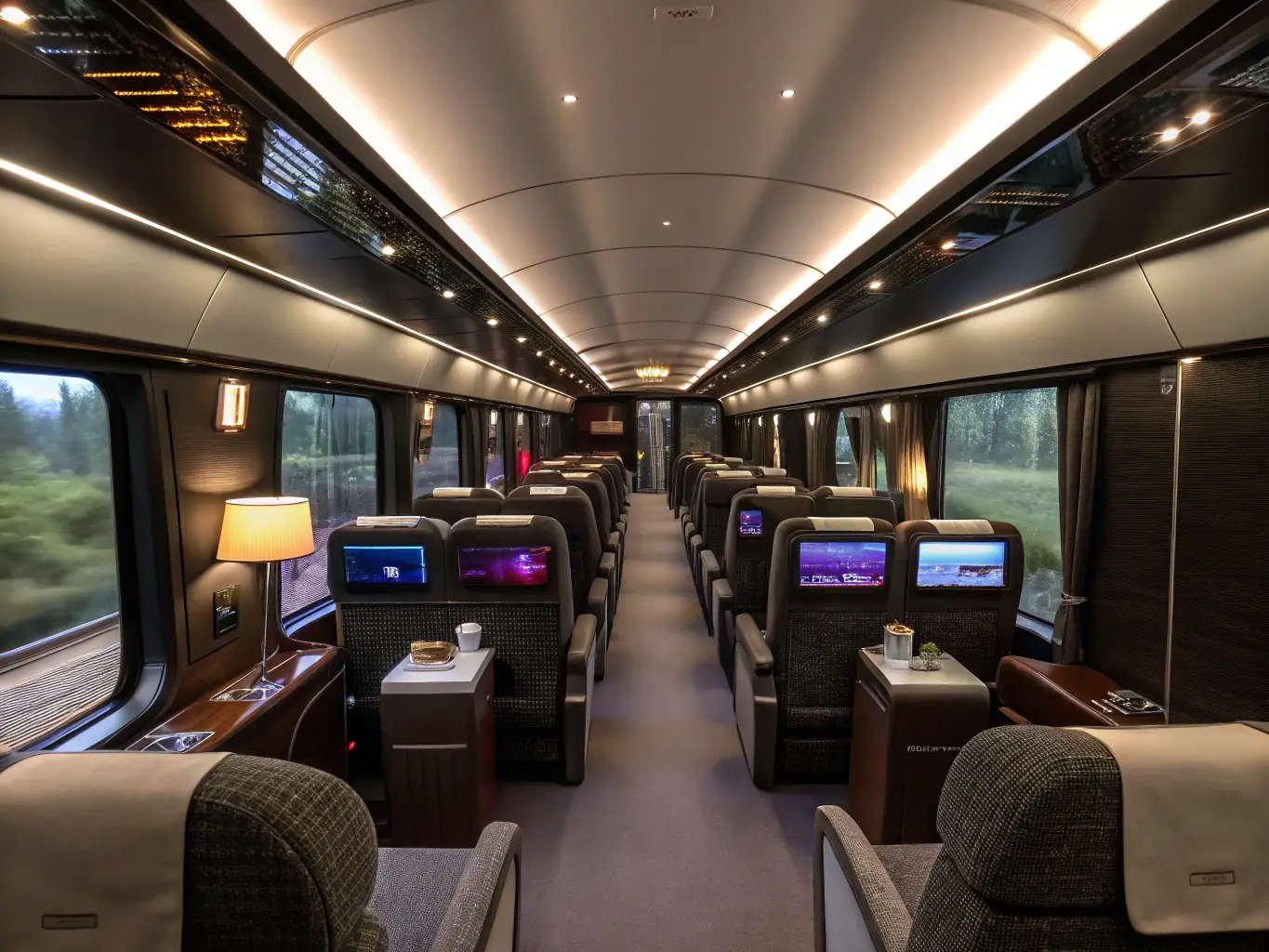An image of a modern train interior with passengers enjoying their ride, highlighting comfort and convenience.