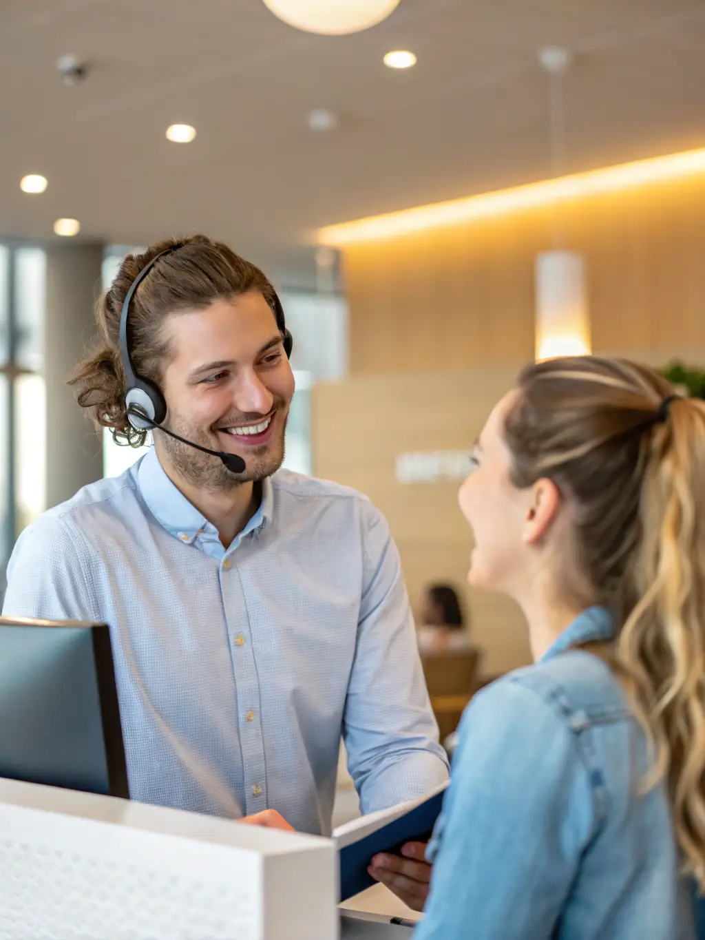 A customer service representative assisting a traveler with their booking, highlighting the support provided.